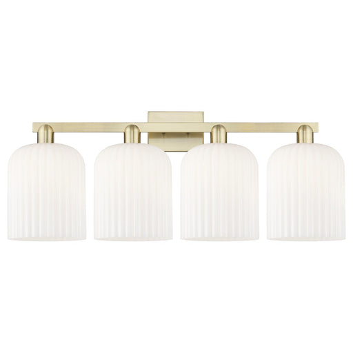 Innovations Bridal Veil 35in 4-Light Bath Vanity Light | Industrial Antique Brass and Gloss White Ribbed Glass | Bathroom | Model 716-4W-AB-G559-8GWH