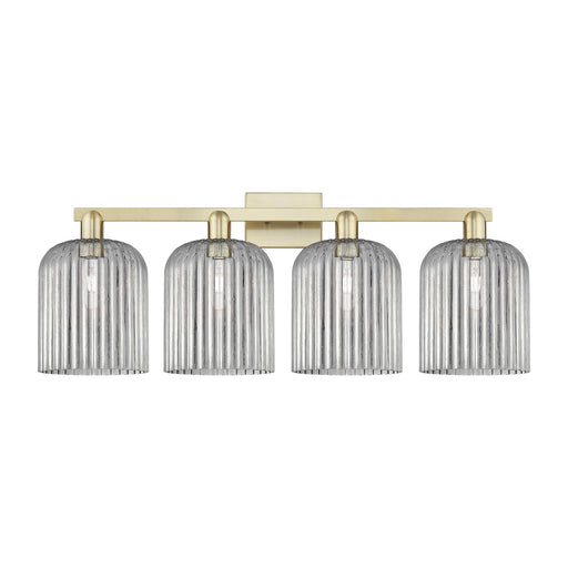 Innovations Bridal Veil 35in 4-Light Bath Vanity | Industrial Antique Brass Steel and Light Smoke Ribbed Glass | Bathroom | Model 716-4W-AB-G559-8SM