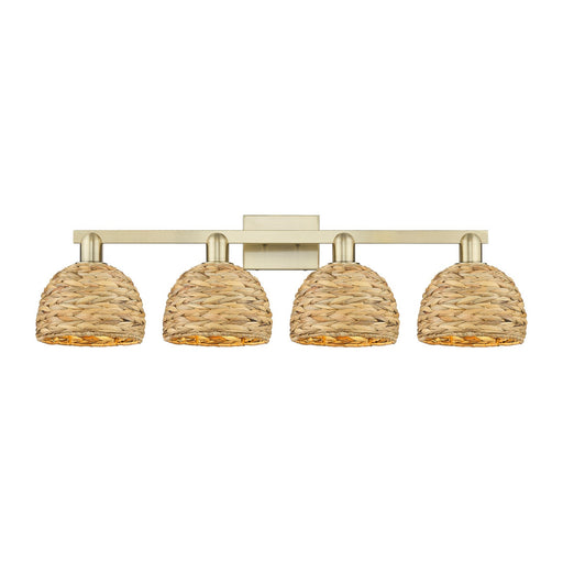 Innovations Woven Rattan 35in 4-Light Bath Vanity Light | Industrial Antique Brass and Natural Fiber Shade | Bathroom Vanity | Model 716-4W-AB-RBD-8-NAT