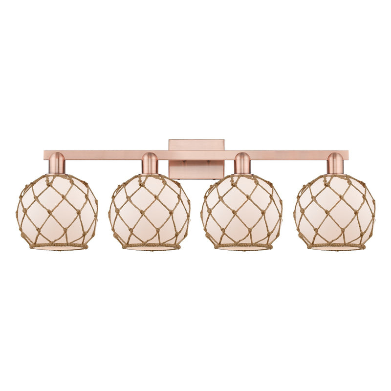 Innovations Farmhouse Rope 35in 4-Light Bath Vanity | Industrial Antique Copper and White Glass with Brown Rope | Bathroom | Model 716-4W-AC-G121-8RB