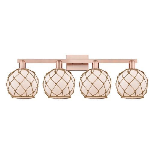 Innovations Farmhouse Rope 35in 4-Light Bath Vanity | Industrial Antique Copper and White Glass with Brown Rope | Bathroom | Model 716-4W-AC-G121-8RB