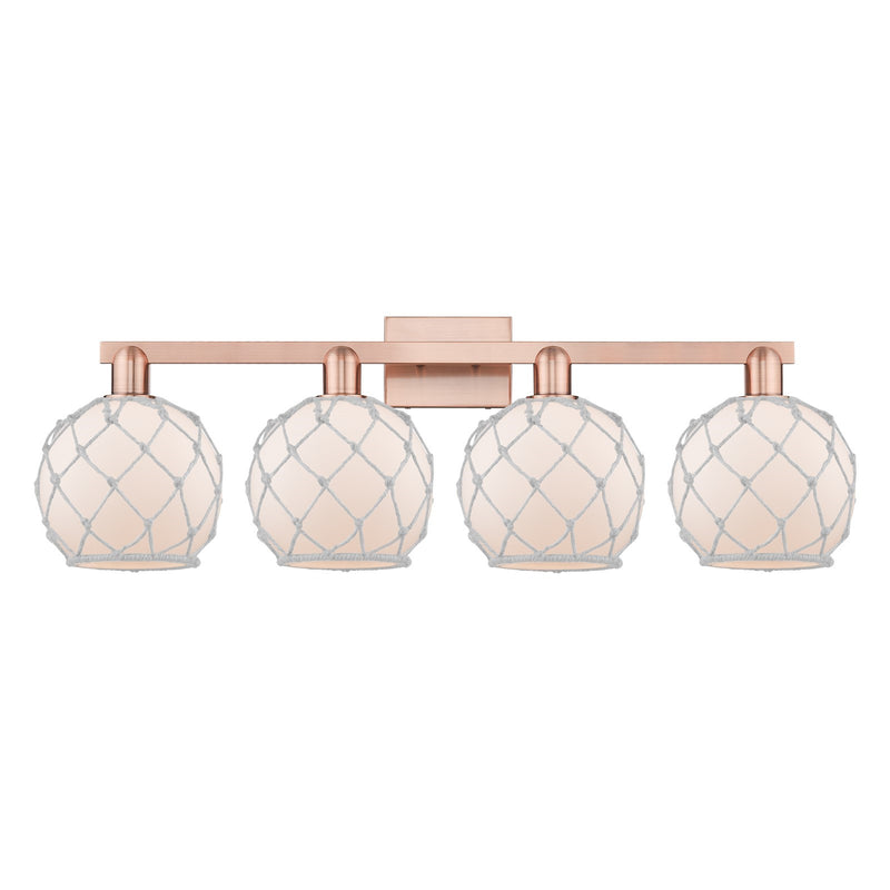 Innovations Farmhouse Rope 35in 4-Light Bath Vanity | Industrial Antique Copper Steel and White Frosted Glass with Rope | Model 716-4W-AC-G121-8RW
