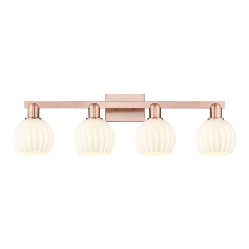 Innovations White Venetian 33in 4-Light Bath Vanity Light | Industrial Antique Copper Steel and White Venetian Glass | Damp | Model 716-4W-AC-G1217-6WV