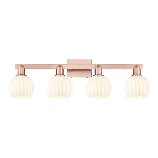 Innovations White Venetian 33in 4-Light Bath Vanity Light | Industrial Antique Copper Steel and White Venetian Glass | Damp | Model 716-4W-AC-G1217-6WV