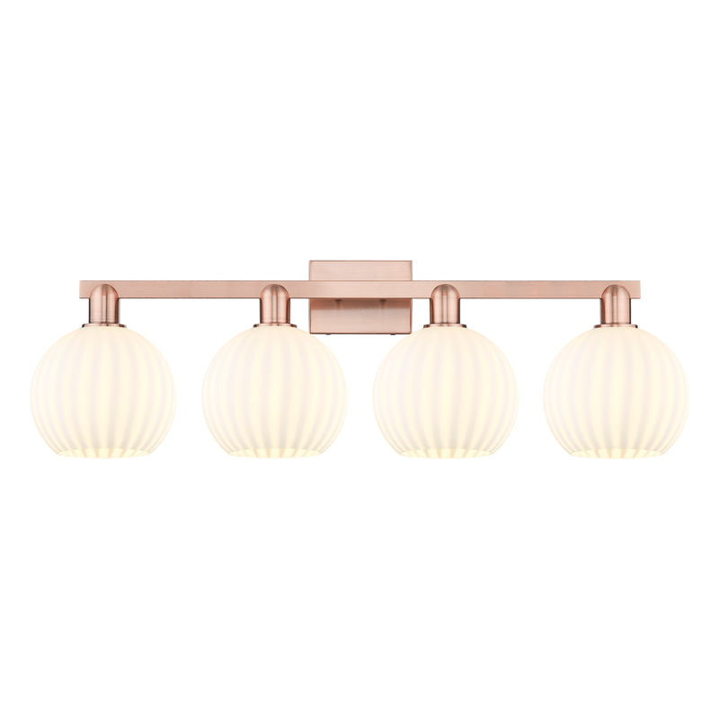 Innovations Lighting Arcadia 35in 4-Light Bath Vanity | Industrial Antique Copper and White Venetian Glass | Bathroom & Powder | Model 716-4W-AC-G1217-8WV