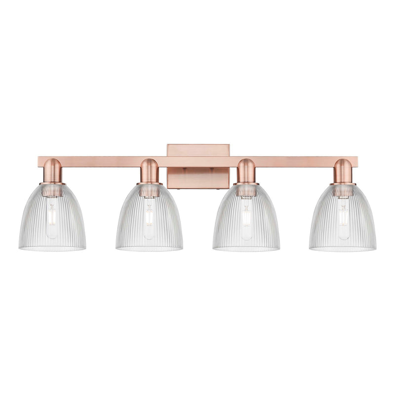 Innovations Castile 33in 4-Light Bath Vanity Light | Industrial Antique Copper and Clear Glass | Damp Rated Bathroom Vanity | Model 716-4W-AC-G382