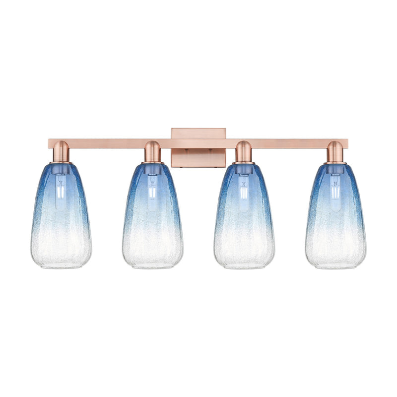 Innovations Brookhaven Almond 33in 4-Light Bath Vanity Light | Industrial Antique Copper and Sapphire Blue Glass | Damp Rated | Model 716-4W-AC-G480-6SB
