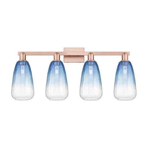Innovations Brookhaven Almond 33in 4-Light Bath Vanity Light | Industrial Antique Copper and Sapphire Blue Glass | Damp Rated | Model 716-4W-AC-G480-6SB
