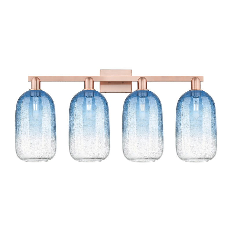 Innovations Brookhaven Cloche 34in 4-Light Bath Vanity Light | Industrial Antique Copper and Sapphire Blue Glass | Bathroom | Model 716-4W-AC-G482-7SB