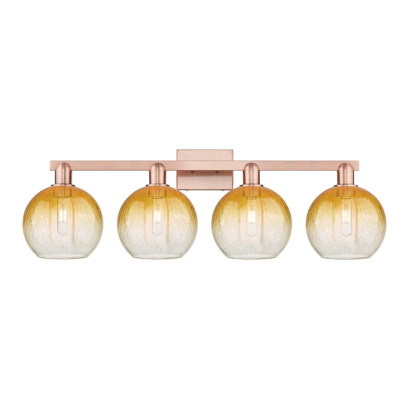 Innovations Brookhaven Globe 35in 4-Light Bath Vanity Light | Industrial Antique Copper and Amber Glass | Bathroom Vanity | Model 716-4W-AC-G483-8AM