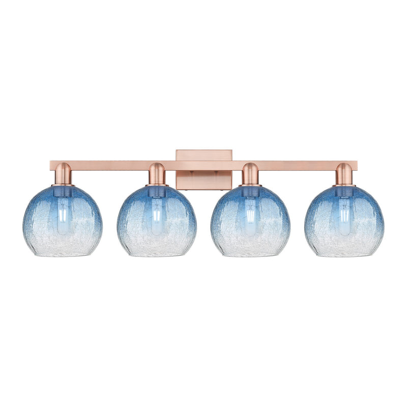 Innovations Brookhaven Globe 35in 4-Light Bath Vanity Light | Industrial Antique Copper and Sapphire Blue Glass | Bathroom | Model 716-4W-AC-G483-8SB