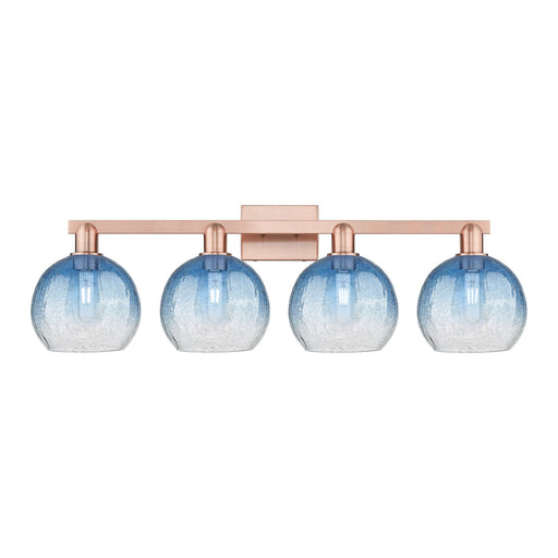 Innovations Brookhaven Globe 35in 4-Light Bath Vanity Light | Industrial Antique Copper and Sapphire Blue Glass | Bathroom | Model 716-4W-AC-G483-8SB