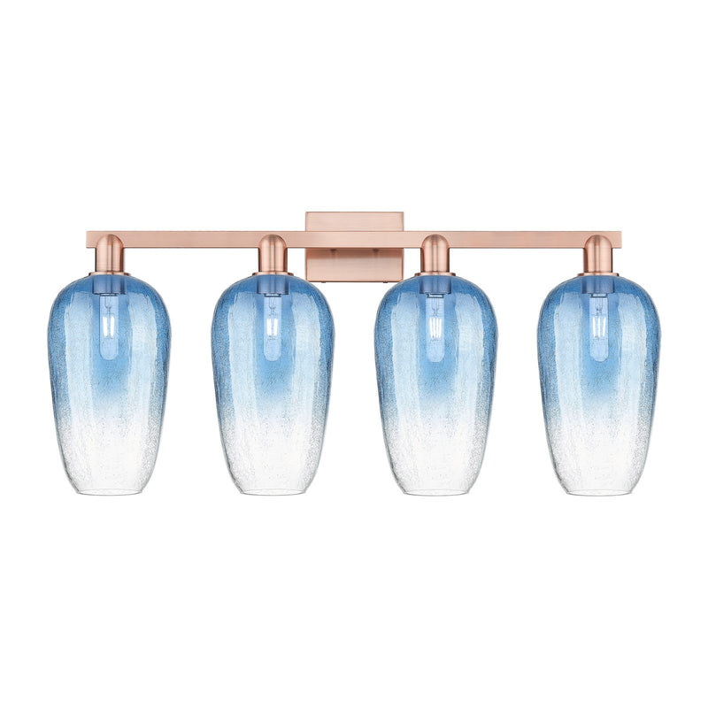 Innovations Brookhaven Flute 34in 4-Light Bath Vanity Light | Industrial Antique Copper and Sapphire Blue Glass | Bathroom | Model 716-4W-AC-G484-7SB