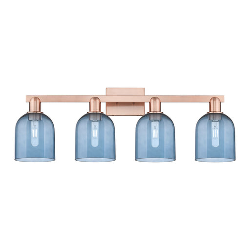 Innovations Bella 33in 4-Light Bath Vanity Light | Industrial Antique Copper Steel and Blue Glass | Bathroom Vanity | Model 716-4W-AC-G558-6BL