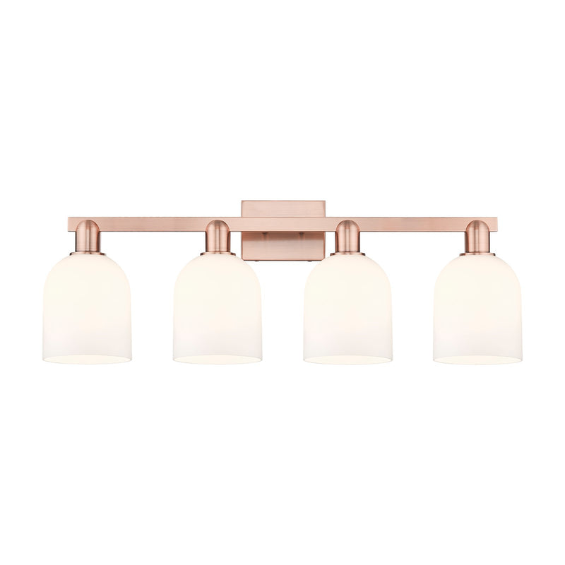 Innovations Bella 33in 4-Light Bath Vanity | Industrial Antique Copper Steel and White Glass | Bathroom Vanity Light | Model 716-4W-AC-G558-6GWH