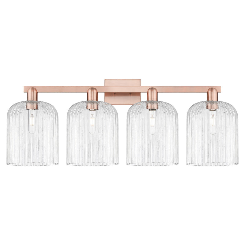 Innovations Bridal Veil 35in 4-Light Bath Vanity Light | Industrial Antique Copper and Clear Ribbed Glass | Damp-Rated Bathroom | Model 716-4W-AC-G559-8CL