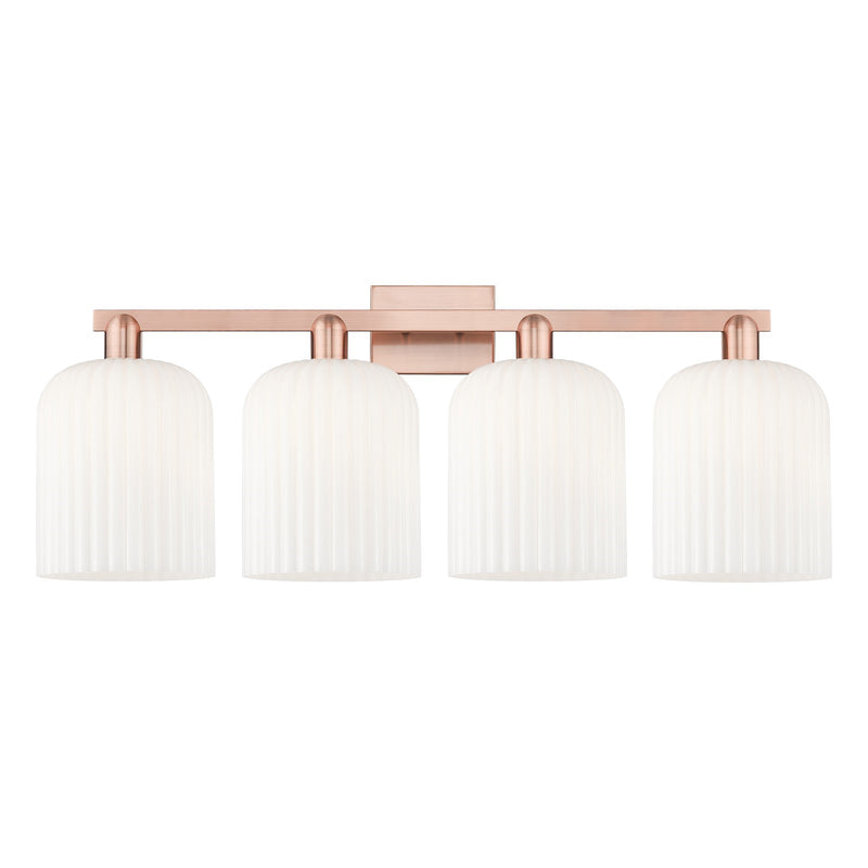 Innovations Bridal Veil 35in 4-Light Bath Vanity Light | Industrial Antique Copper and Gloss White Ribbed Glass | Bathroom | Model 716-4W-AC-G559-8GWH
