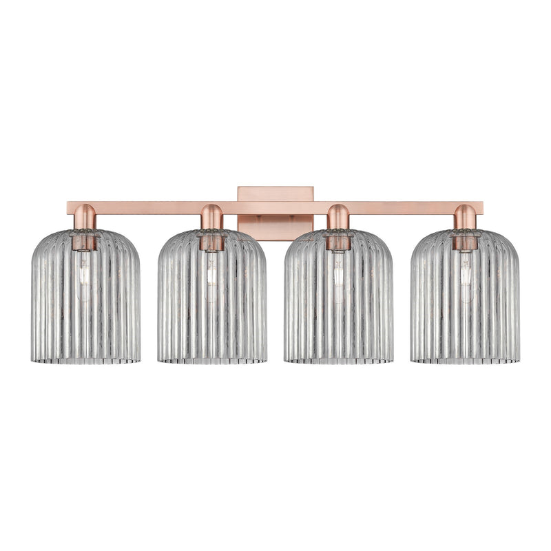 Innovations Bridal Veil 35in 4-Light Bath Vanity Light | Industrial Antique Copper and Light Smoke Ribbed Glass | Bathroom | Model 716-4W-AC-G559-8SM