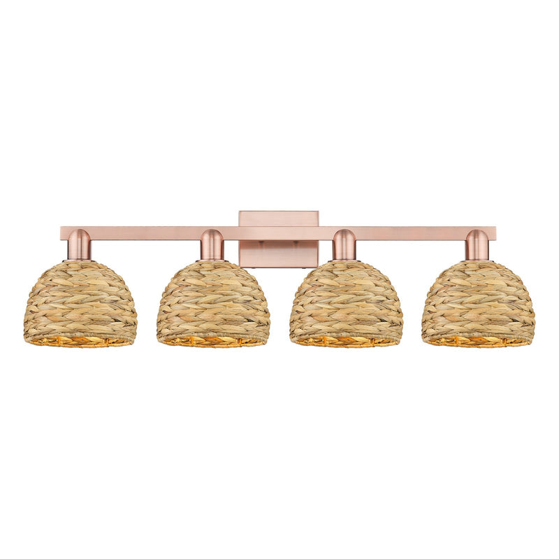 Innovations Woven Rattan 35in 4-Light Bath Vanity Light | Industrial Antique Copper Steel and Natural Fiber Shade | Bathroom | Model 716-4W-AC-RBD-8-NAT