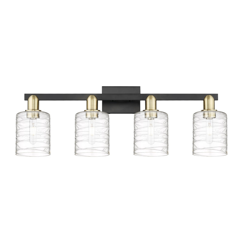 Innovations Cobbleskill 32in 4-Light Bath Vanity Light | Industrial Black Antique Brass and Deco Swirl Glass | Bathroom Vanity | Model 716-4W-BAB-G1113