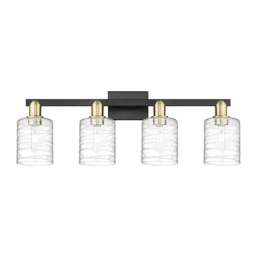 Innovations Cobbleskill 32in 4-Light Bath Vanity Light | Industrial Black Antique Brass and Deco Swirl Glass | Bathroom Vanity | Model 716-4W-BAB-G1113