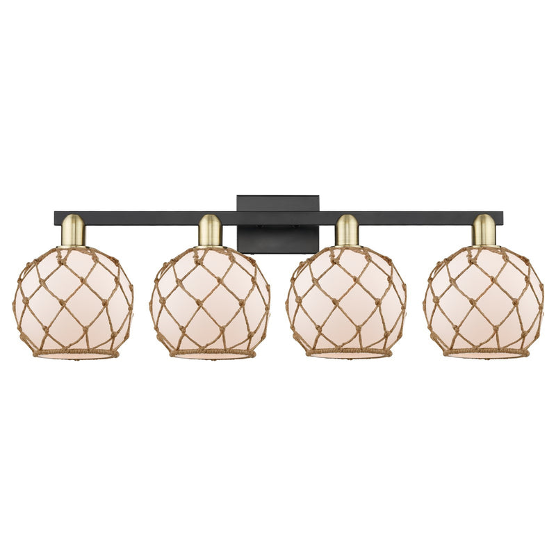 Innovations Farmhouse Rope 35in 4-Light Bath Vanity Light | Industrial Black Antique Brass and White Frosted Glass with Brown | Model 716-4W-BAB-G121-8RB
