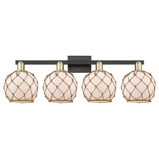 Innovations Farmhouse Rope 35in 4-Light Bath Vanity Light | Industrial Black Antique Brass and White Frosted Glass with Brown | Model 716-4W-BAB-G121-8RB