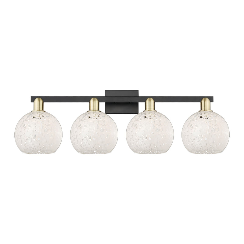 Innovations Lighting White Mouchette 35in 4-Light Bath Vanity Light | Industrial Black Antique Brass and White Glass | Model 716-4W-BAB-G1216-8WM
