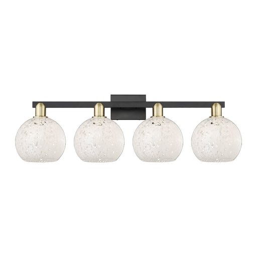 Innovations Lighting White Mouchette 35in 4-Light Bath Vanity Light | Industrial Black Antique Brass and White Glass | Model 716-4W-BAB-G1216-8WM