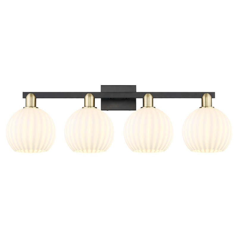 Innovations Lighting Arcadia 35in 4-Light Bath Vanity Light | Industrial Black Antique Brass and White Venetian Glass | Model 716-4W-BAB-G1217-8WV