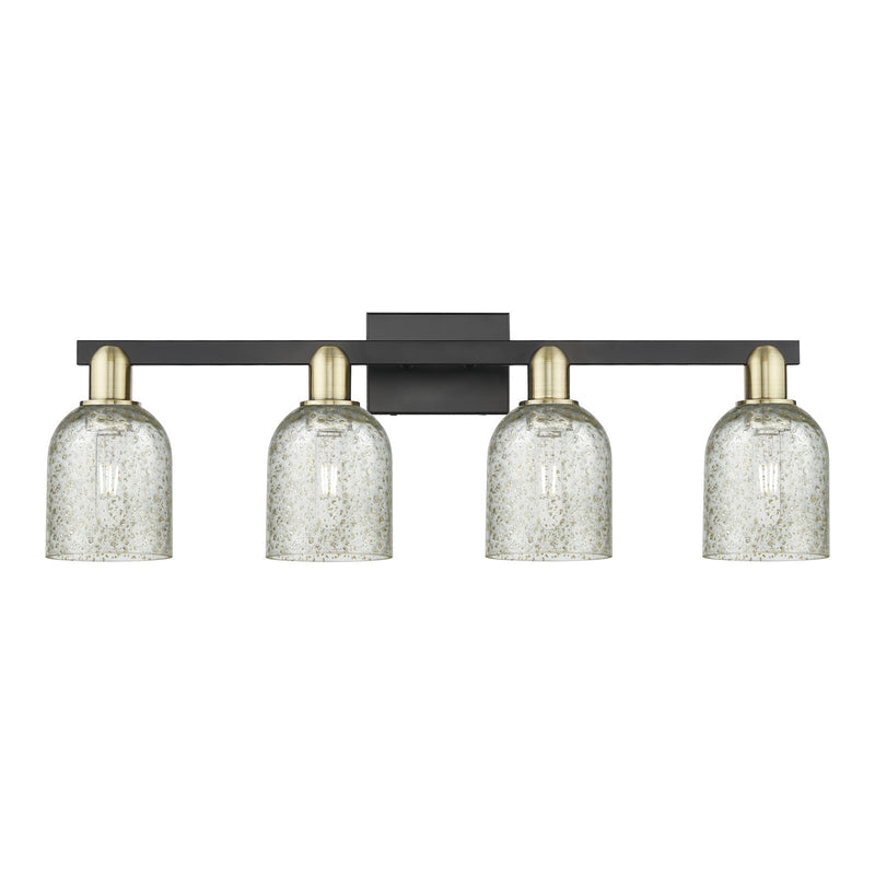 Innovations Caledonia 32in 4-Light Bath Vanity | Industrial Black Antique Brass Steel and Mica Glass | Bathroom Vanity Light | Model 716-4W-BAB-G259