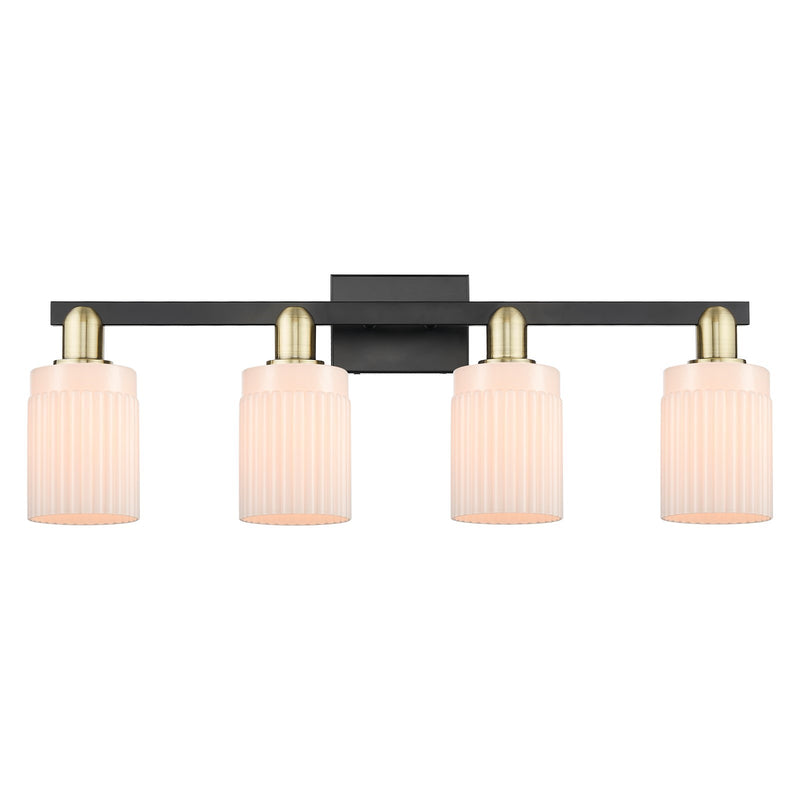 Innovations Hadley 32in 4-Light Bath Vanity | Industrial Black Antique Brass and Matte White Ribbed Glass | Bathroom Vanity Light | Model 716-4W-BAB-G341