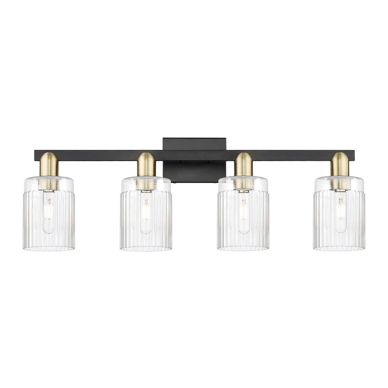 Innovations Hadley 32in 4-Light Bath Vanity Light | Industrial Black Antique Brass Steel and Clear Ribbed Glass | Bathroom Vanity | Model 716-4W-BAB-G342