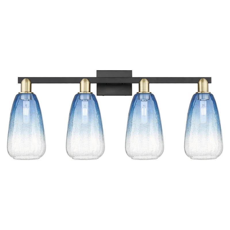Innovations Brookhaven Almond 33in 4-Light Bath Vanity Light | Industrial Black Antique Brass and Sapphire Blue Glass | Model 716-4W-BAB-G480-6SB