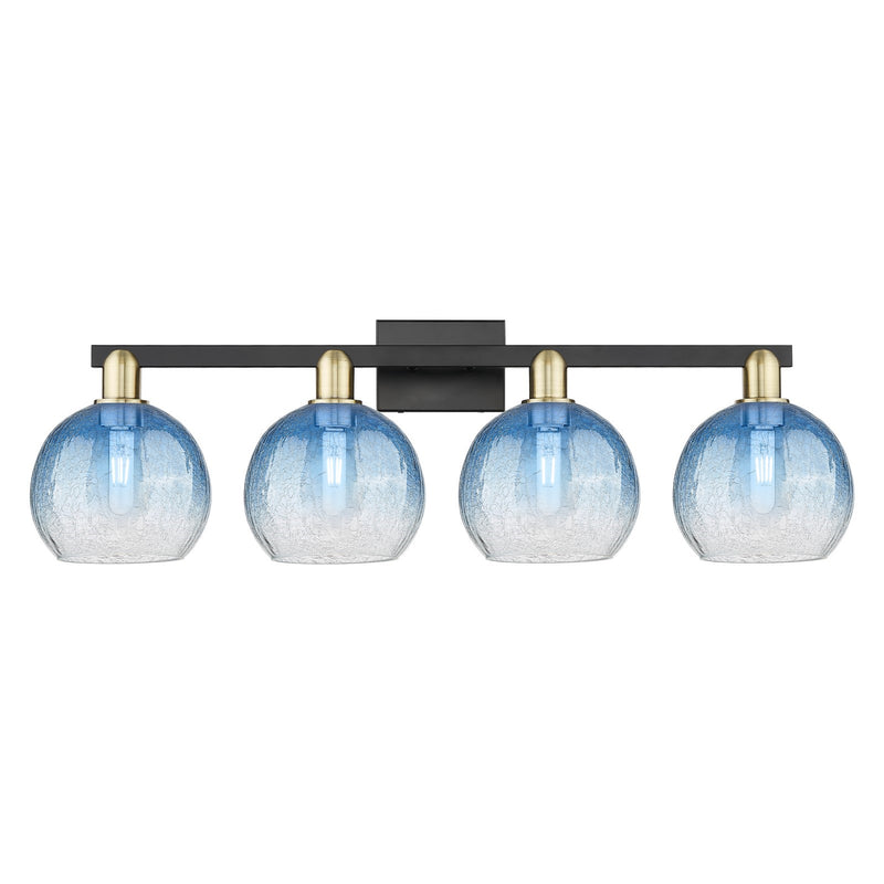 Innovations Brookhaven Globe 35in 4-Light Bath Vanity Light | Industrial Black Antique Brass and Sapphire Blue Glass | Model 716-4W-BAB-G483-8SB