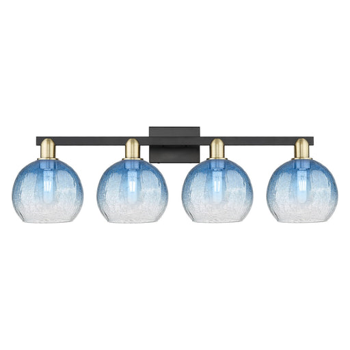 Innovations Brookhaven Globe 35in 4-Light Bath Vanity Light | Industrial Black Antique Brass and Sapphire Blue Glass | Model 716-4W-BAB-G483-8SB