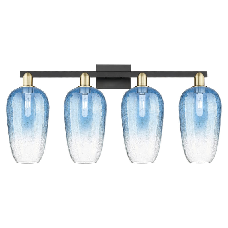 Innovations Brookhaven Flute 34in 4-Light Bath Vanity Light | Industrial Black Antique Brass and Sapphire Blue Glass | Model 716-4W-BAB-G484-7SB