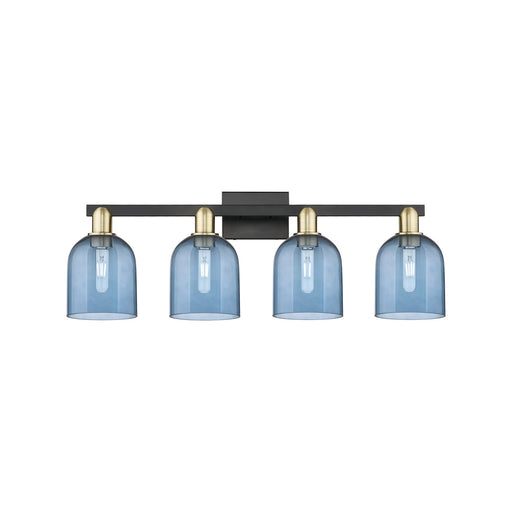 Innovations Bella 33in 4-Light Bath Vanity Light | Industrial Black Antique Brass and Blue Glass | Bathroom Vanity | Model 716-4W-BAB-G558-6BL