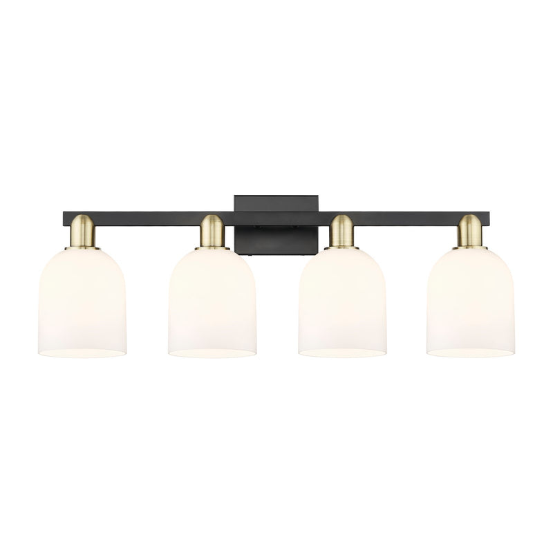Innovations Bella 33in 4-Light Bath Vanity Light | Industrial Black Antique Brass and White Glass | Bathroom Vanity | Model 716-4W-BAB-G558-6GWH