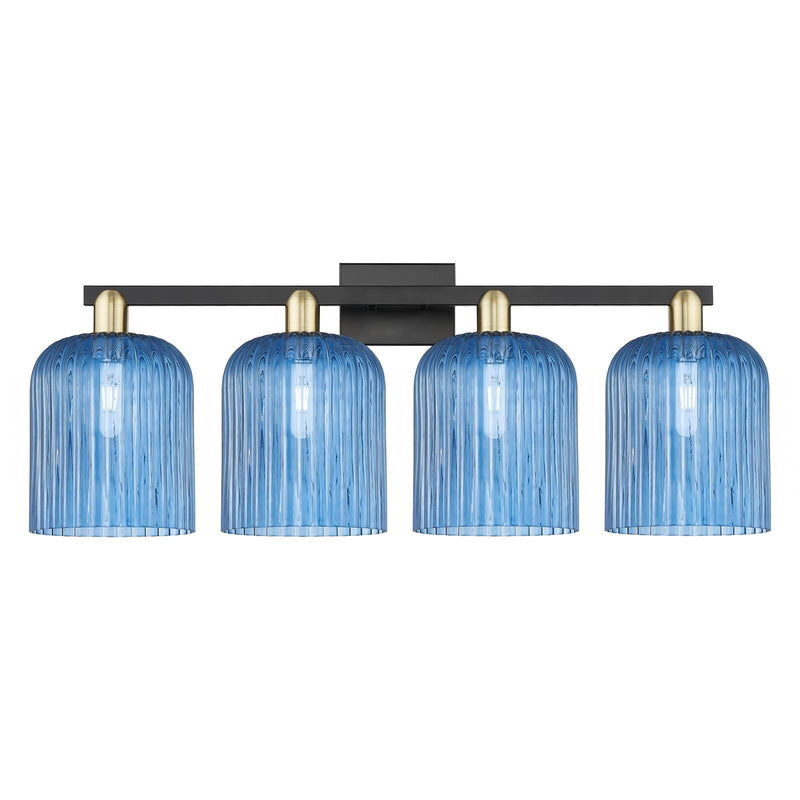 Innovations Bridal Veil 35in 4-Light Bath Vanity Light | Industrial Black Antique Brass Steel and Princess Blue Ribbed Glass | Model 716-4W-BAB-G559-8BL