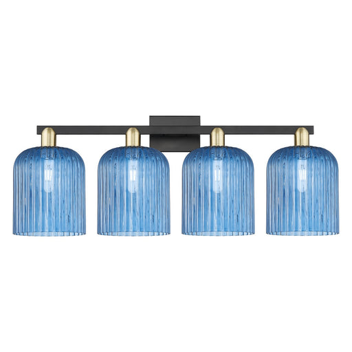 Innovations Bridal Veil 35in 4-Light Bath Vanity Light | Industrial Black Antique Brass Steel and Princess Blue Ribbed Glass | Model 716-4W-BAB-G559-8BL