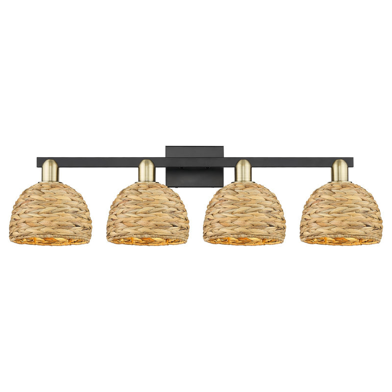 Innovations Woven Rattan 35in 4-Light Bath Vanity Light | Industrial Black Antique Brass and Natural Fiber Dome Shade | Damp | Model 716-4W-BAB-RBD-8-NAT