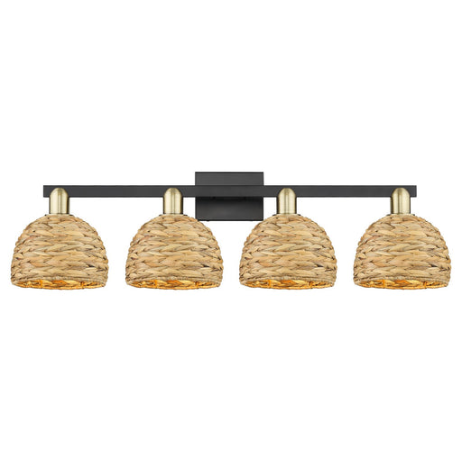 Innovations Woven Rattan 35in 4-Light Bath Vanity Light | Industrial Black Antique Brass and Natural Fiber Dome Shade | Damp | Model 716-4W-BAB-RBD-8-NAT