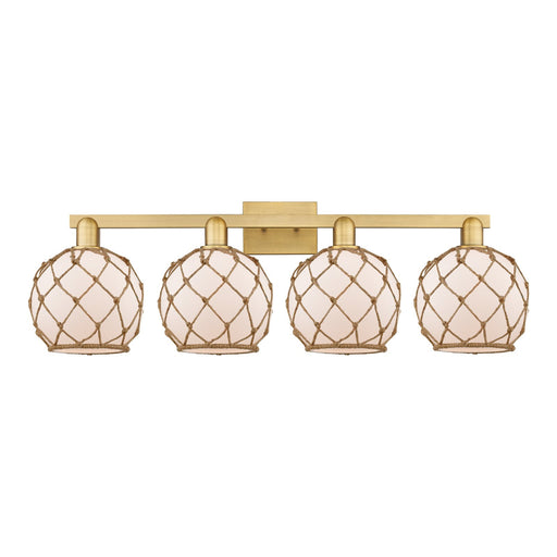 Innovations Farmhouse Rope 35in 4-Light Bath Vanity | Industrial Brushed Brass and White Glass with Brown Rope | Bathroom | Model 716-4W-BB-G121-8RB