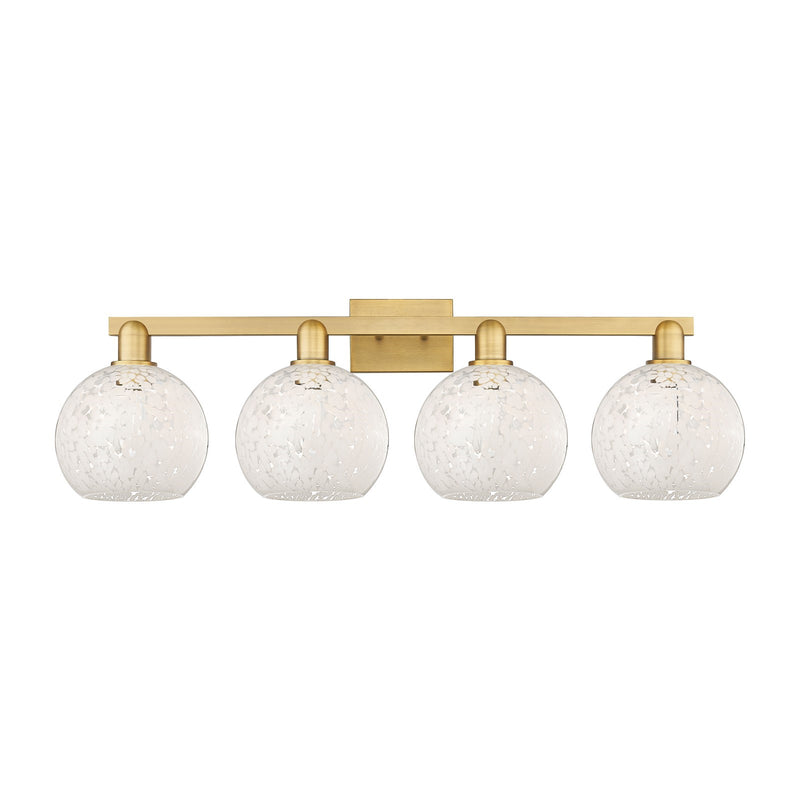 Innovations White Mouchette 35in 4-Light Bath Vanity | Industrial Brushed Brass and White Glass | Bathroom & Powder Room | Model 716-4W-BB-G1216-8WM