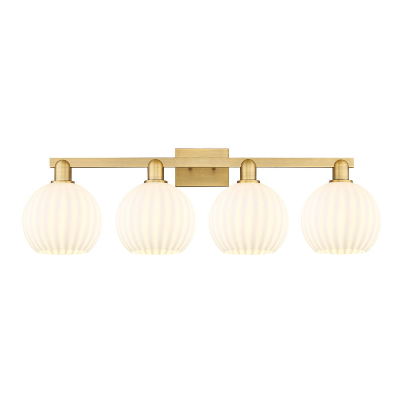 Innovations Lighting White Venetian 35in 4-Light Bath Vanity | Industrial Brushed Brass and White Venetian Glass | Bathroom | Model 716-4W-BB-G1217-8WV