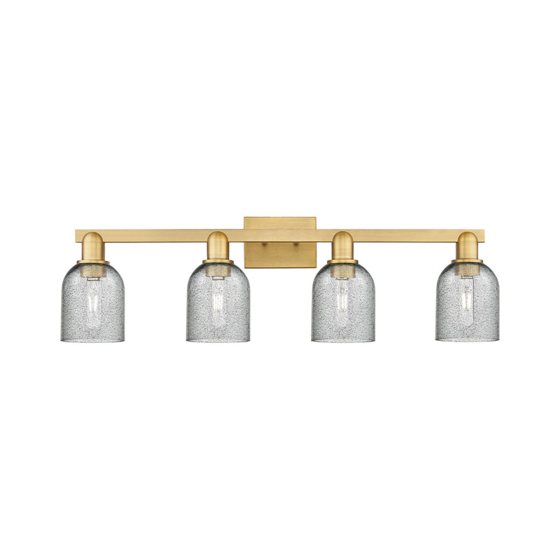 Innovations Caledonia 32in 4-Light Bath Vanity Light | Industrial Brushed Brass Steel and Charcoal Glass | Bathroom & Entryway | Model 716-4W-BB-G257