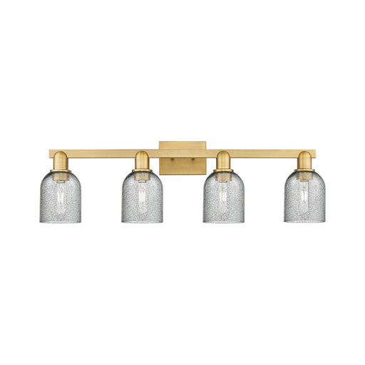 Innovations Caledonia 32in 4-Light Bath Vanity Light | Industrial Brushed Brass Steel and Charcoal Glass | Bathroom & Entryway | Model 716-4W-BB-G257