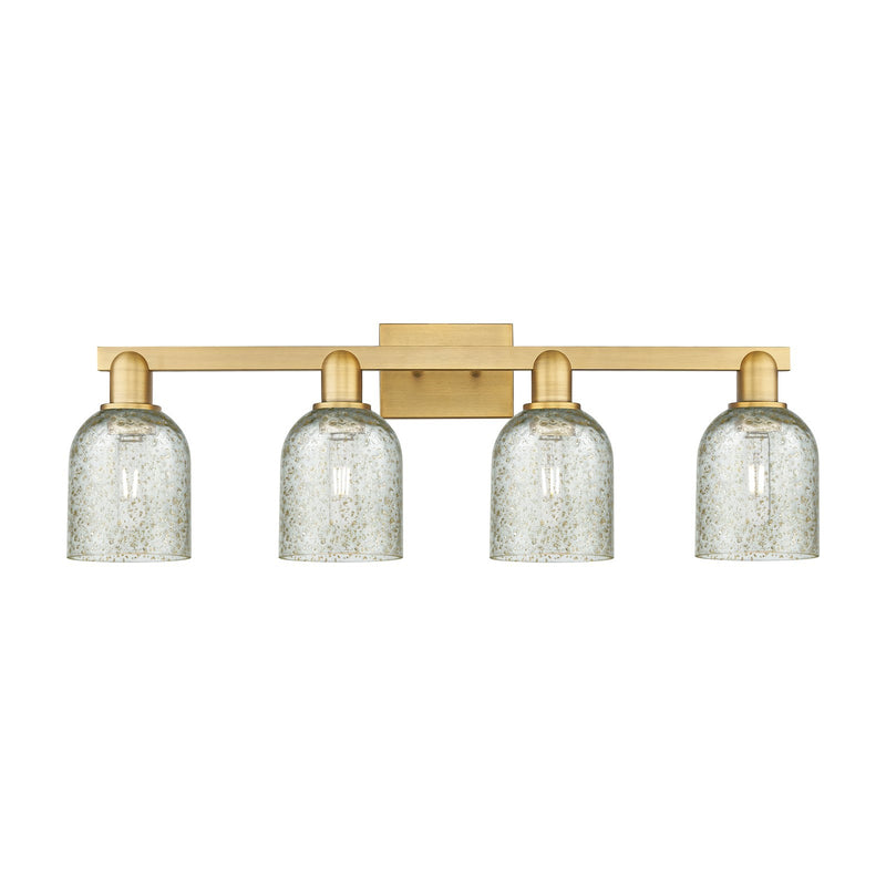 Innovations Caledonia 32in 4-Light Bath Vanity Light | Industrial Brushed Brass Steel and Mica Glass | Bathroom Vanity | Model 716-4W-BB-G259