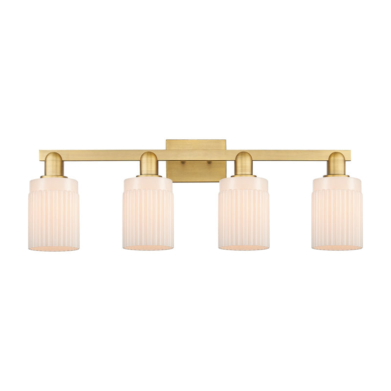 Innovations Hadley 32in 4-Light Bath Vanity Light | Industrial Brushed Brass Steel and Matte White Ribbed Glass | Bathroom Vanity | Model 716-4W-BB-G341